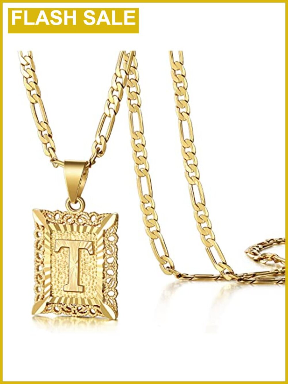 Initial Letter T Pendant Necklace Gold Plated Stainless Steel Figaro Chain